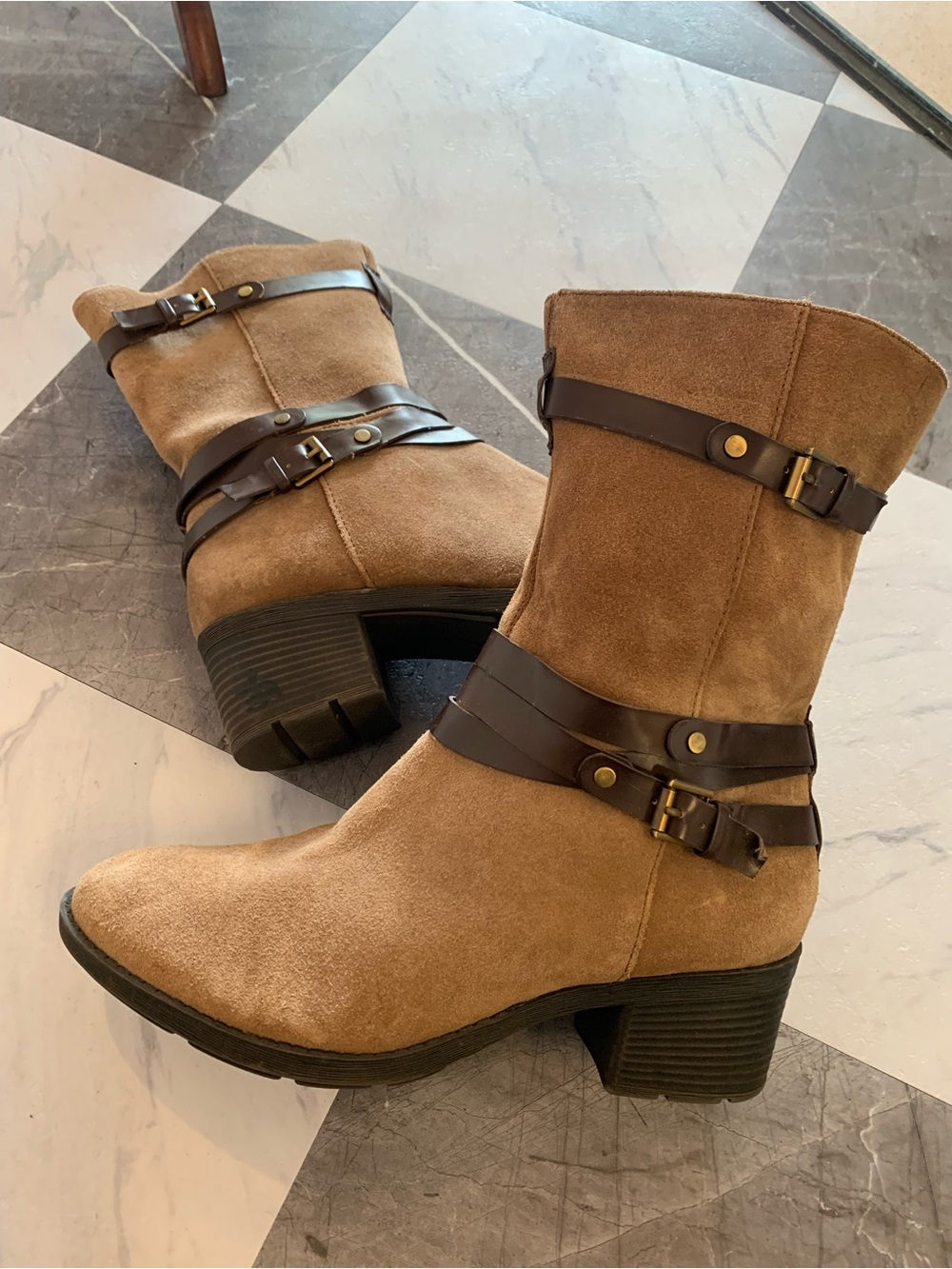 bandolino Tan Suede Mid-Calf Heeled Buckle Boots